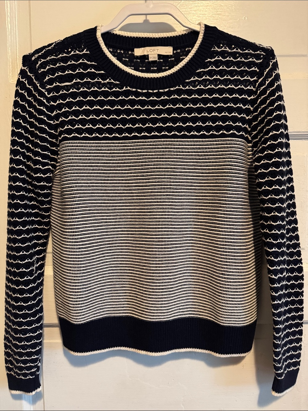 LOFT Navy & White Patterned Crewneck Sweater